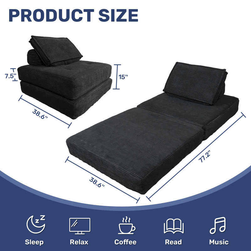 Folding Sofa Bed, Futon Sofa Chair with Pillow, Foldable Mattress with Back Support, Portable Fold Out Chair Bed No Assembly Required, Small Couches for Reading Room, Guest Room