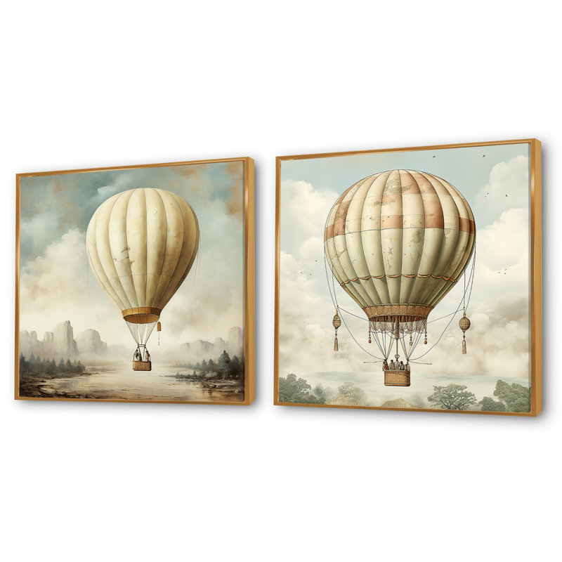 Contemporary Balloon Voyage - Ensemble de 2 montgolfières carrées, Cadre flottant doré, H 36 po x l 73 po