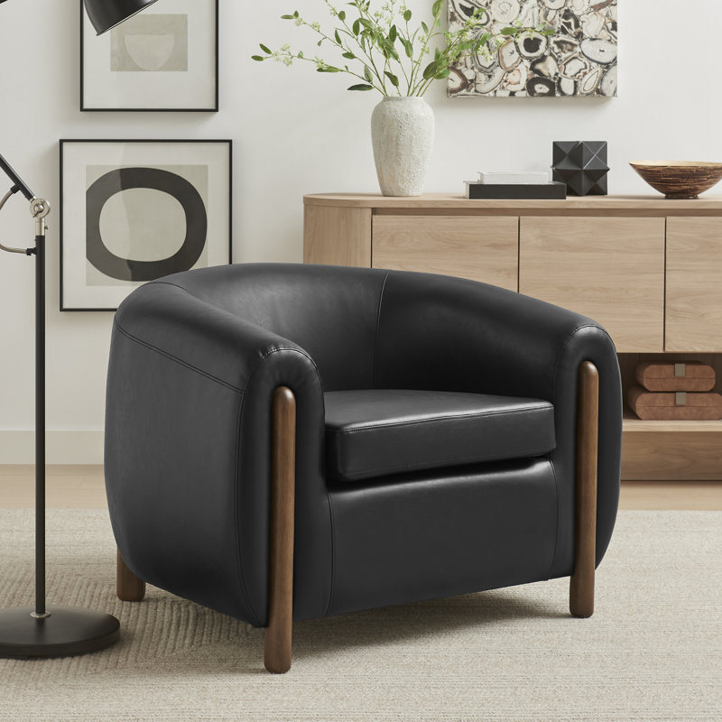 Leamon Fire-Resistant Upholstered Barrel Chair, 28" H x 38.5" W x 33" D, Black Faux Leather