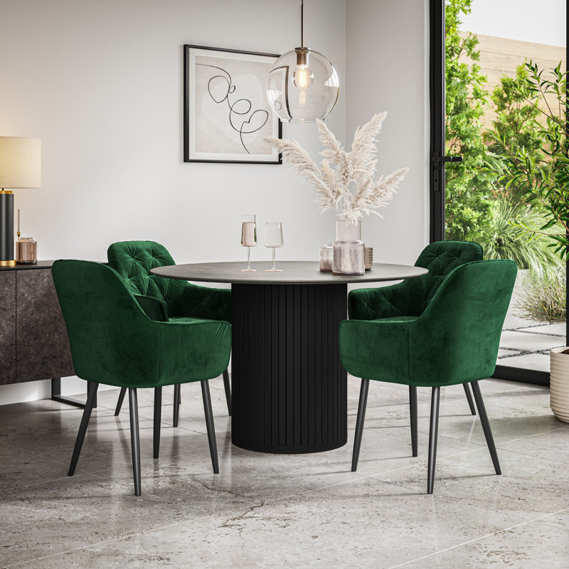 Arlo Concrete Table Top W Black Legs + Anika Velvet Dining Chair Blue Set Of 4, Green, Grey/Black