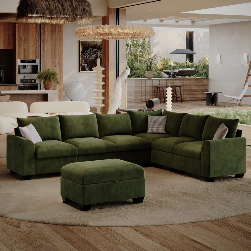 120 '' L-Shaped Modular Sectional Sofa, 6-Seater Cushioned Cloud Couch, With Ottoman Storage And USB, Green 