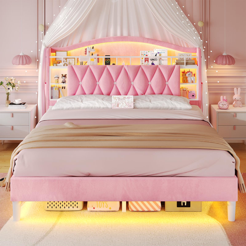 Velvet Upholstered Platform Bed With Led Lights And Charging Station, Princess Bed Frame With Led Lights Headboard,guardrail,crystal Button, No Box Spring Needed