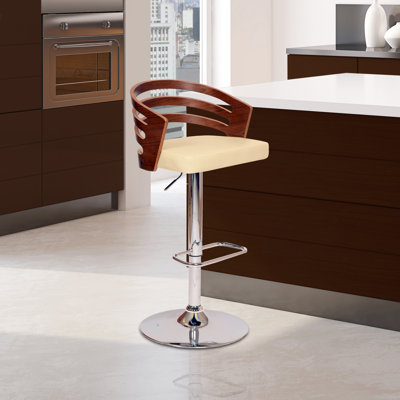 Hancock Swivel Adjustable Height Barstool with Pedestal Base in Faux Leather, Wood and Metal