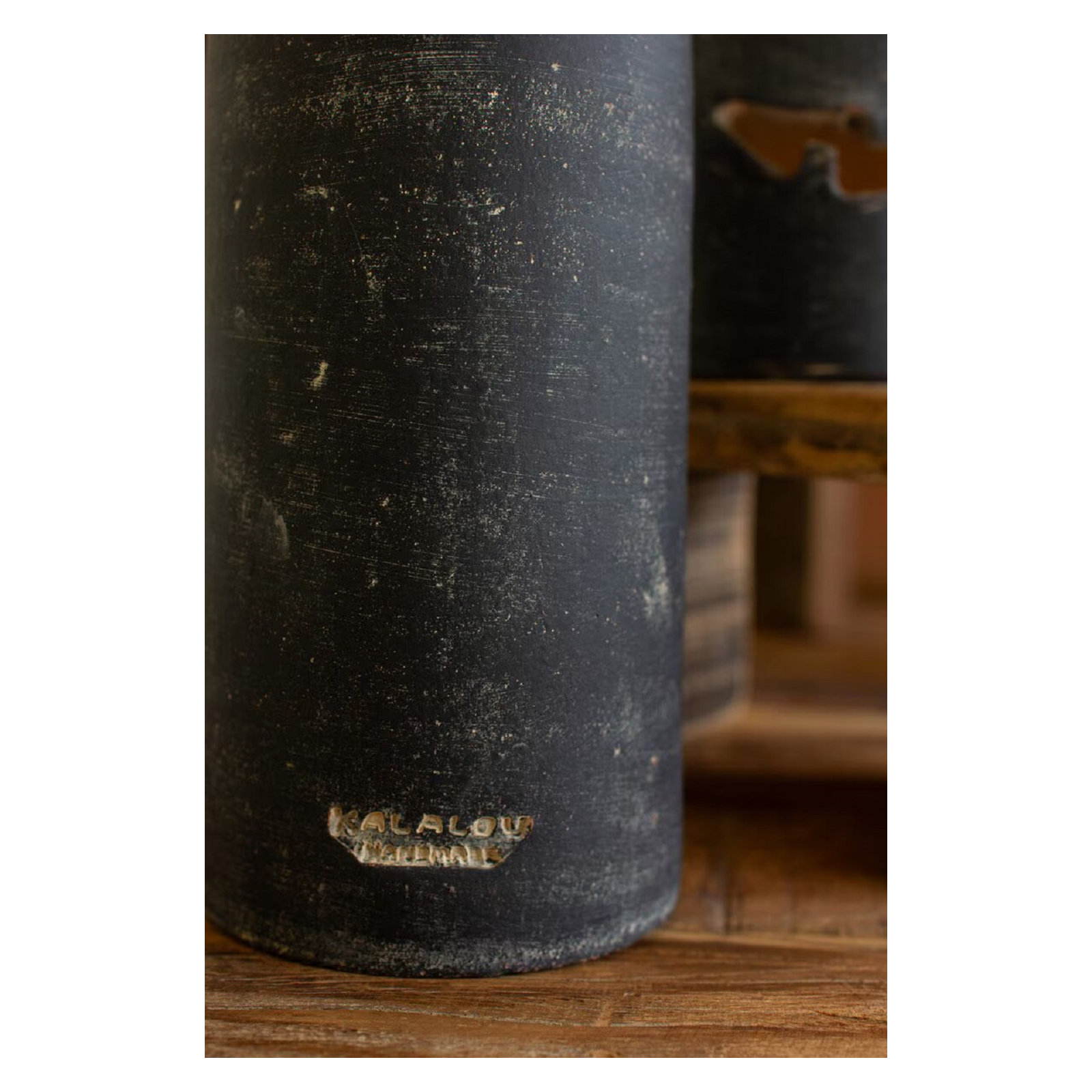 SHORT BLACK CLAY JACK-O-LANTERN, 8" H x 4" W x 4" D