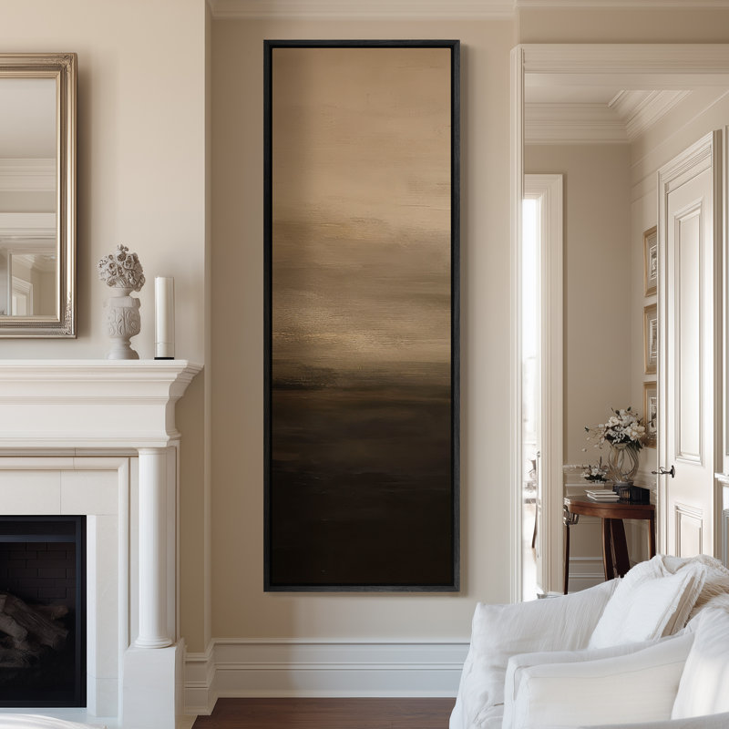 Large Framed Canvas Wall Art - Gradient Neutral Horizon Abstract Minimalist Beige and Brown Prints - 60"x20", Black