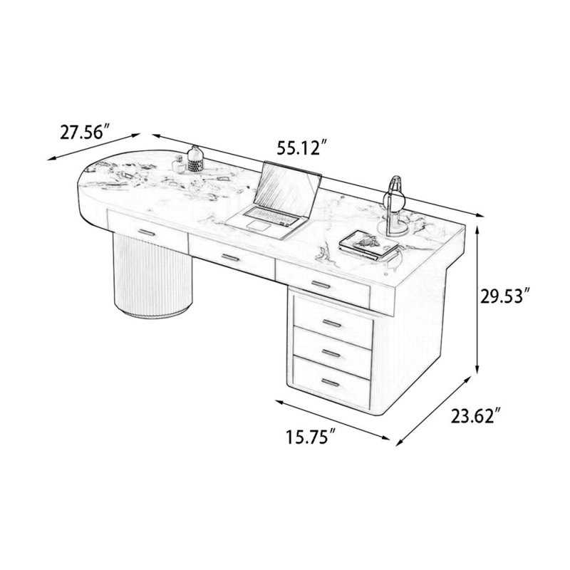 70.87" White Free Form Stone+Manufactured Wood with 6 drawers desk, 29.53" H x 55.12" W x 27.56" D, Right Hand Return