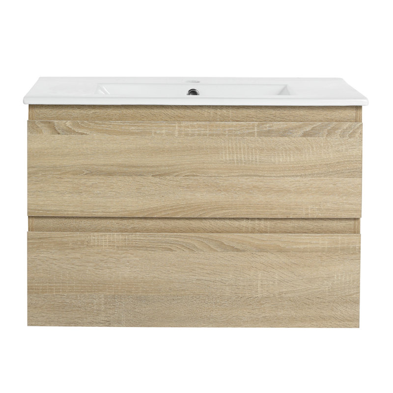 Meuble-lavabo moderne en chêne 30 po avec lavabo en céramique et 2 tiroirs à fermeture en douceur, 30", Naturel / Blanc