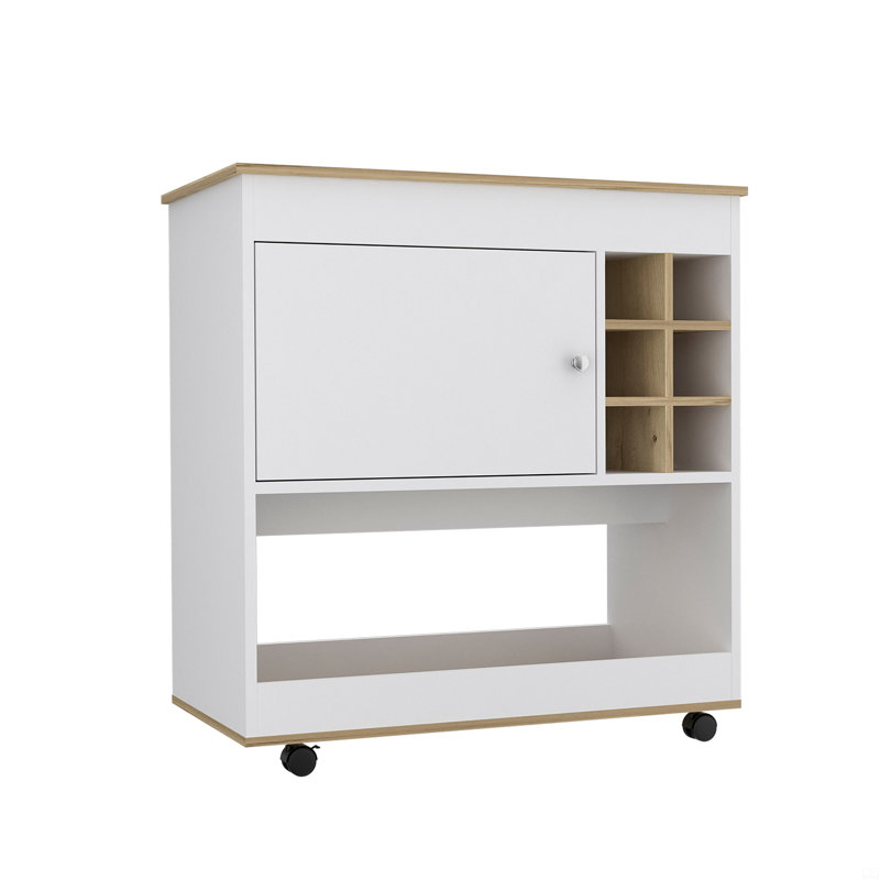 Chariot-bar, panneau inférieur, six casiers à bouteilles, une armoire - chêne clair / blanc, Blanc / Chêne clair