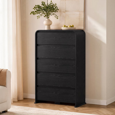 15.75" Wide 5 Drawer Dresser for Bedroom, Tall Narrow Wood Chest of Drawers, Vertical Storage Organizer with Deep Drawers, Modern Dresser with Anti-Tip & Metal Slides, Small Space Friendly — Black