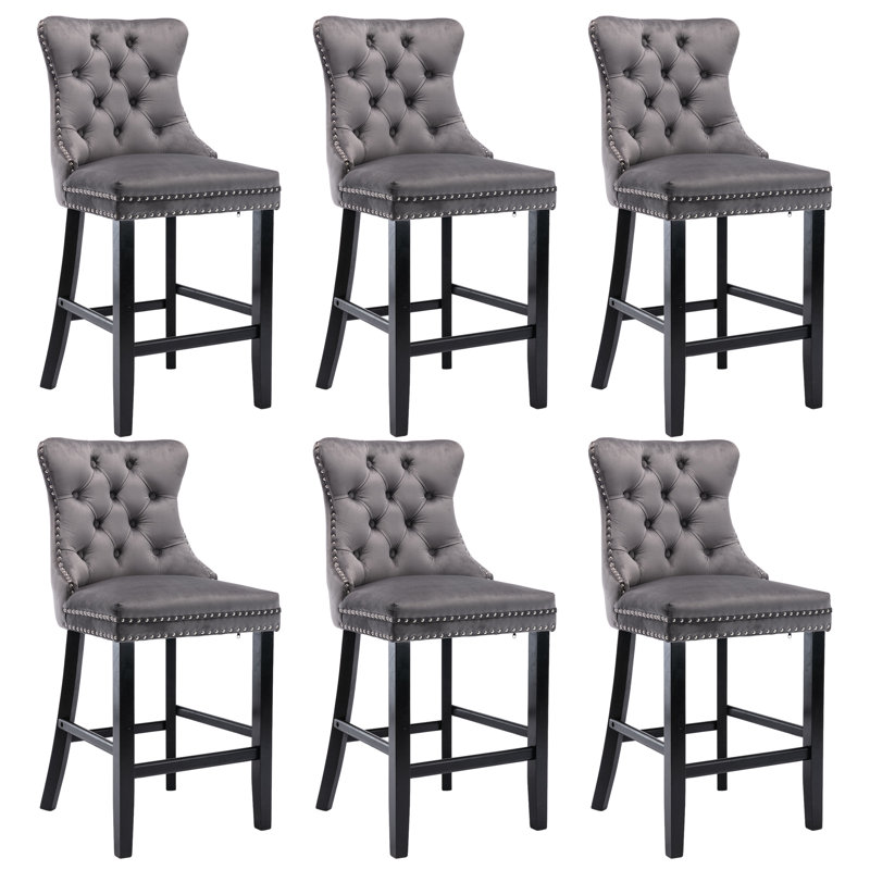 Velvet Upholstered Bar Stool With Button Tufted Back (Set Of 6)