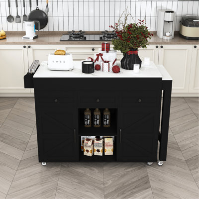 Îlot de cuisine 74,8 po avec table de salle à manger extensible, finition noire, placage de marbre, rangement intelligent et prise de courant pour chariot