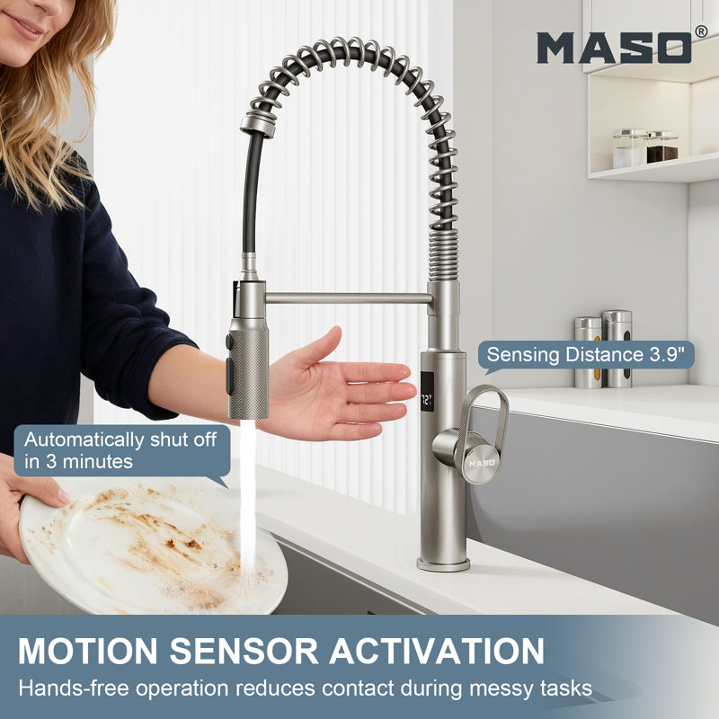 MASO Touchless Spring Kitchen Faucet with Pull-Down Sprayer, Fahrenheit Temperature Display, 3 Spray Modes, 360° Swivel, Single Handle for RV, Farmhouse, Camper, Laundry & Bar,Brushed Nickel