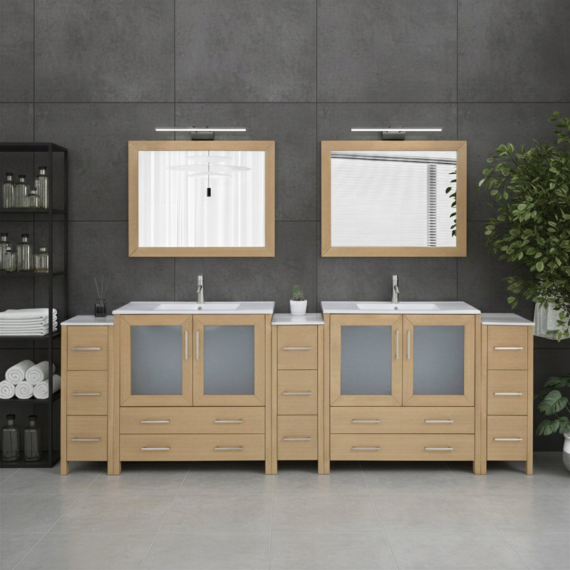  Ensemble de meuble-lavabo double 108 "avec miroir 108", Chêne naturel