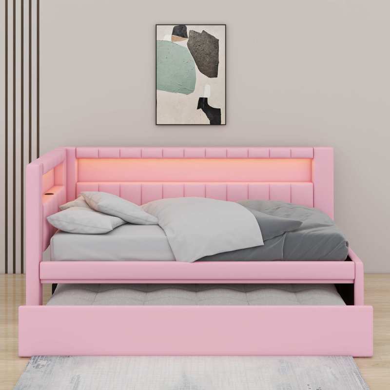 Lit plateforme simple tapissier avec ports USB, ceinture à DEL et lit gigogne, Rose