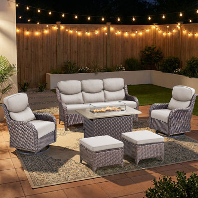 Simino 6-Piece Outdoor Wicker Patio Rectangle Fire Pit Table Conversation Set With Swivel Gliders And Ottomans