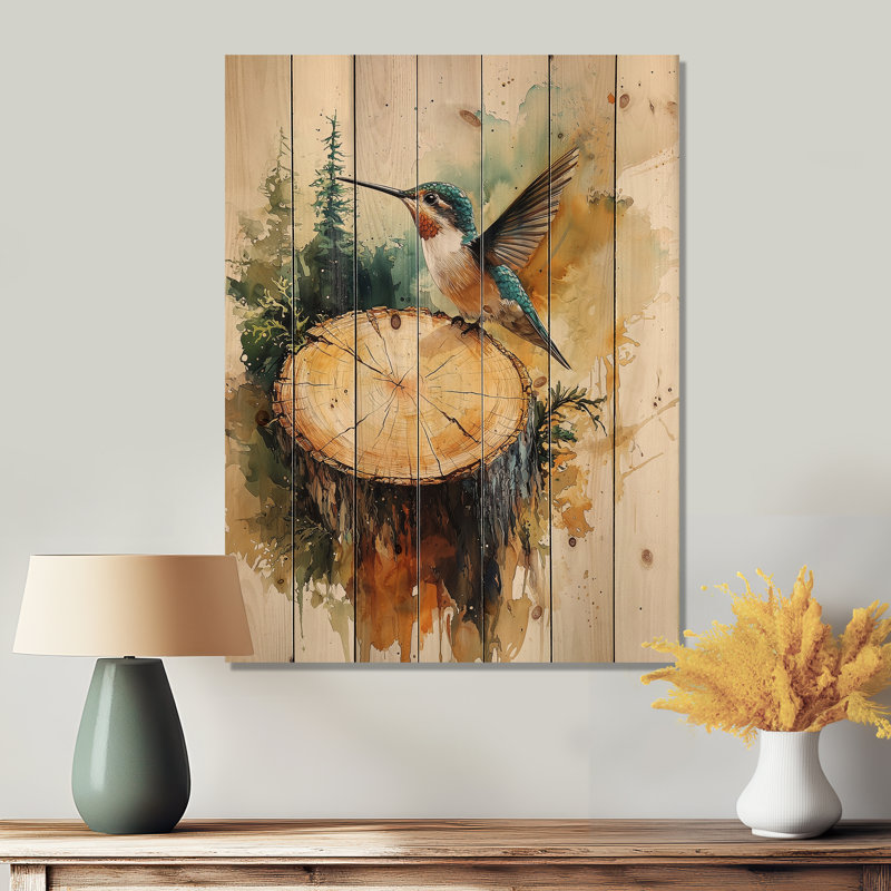 Hummingbird Into The Wood Slide II - Hummingbird Animal Wood Wall Decor - On Natural Pine Wood, 20" H x 10" W x 0.78" D