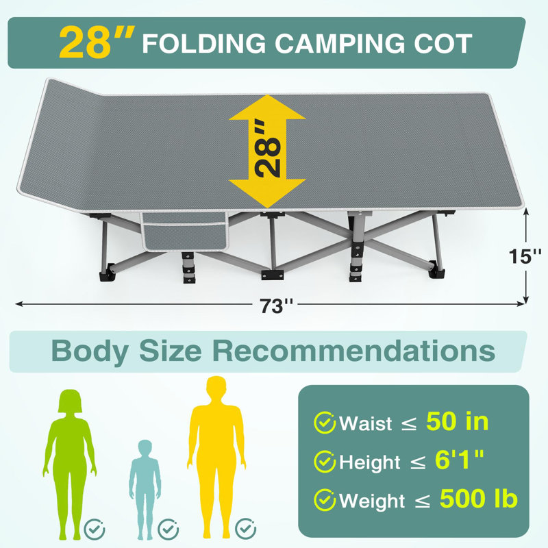 Lit de camp pliant avec matelas, lit de camp portatif robuste de 500 lb, tissu Oxford 1200D imperméable, lit de camp extérieur à installation rapide pour le camping, les invités et le bureau