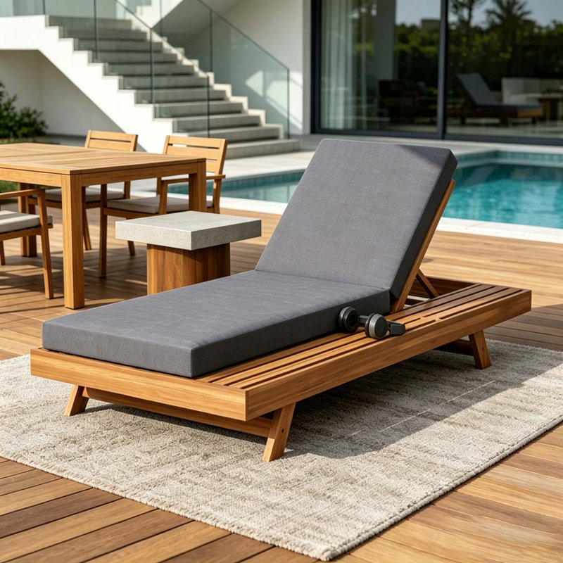 Foldable Acacia Wood Lounge Chaise With Adjustable Backrest, Dark Grey/ & 4 INCH THICK