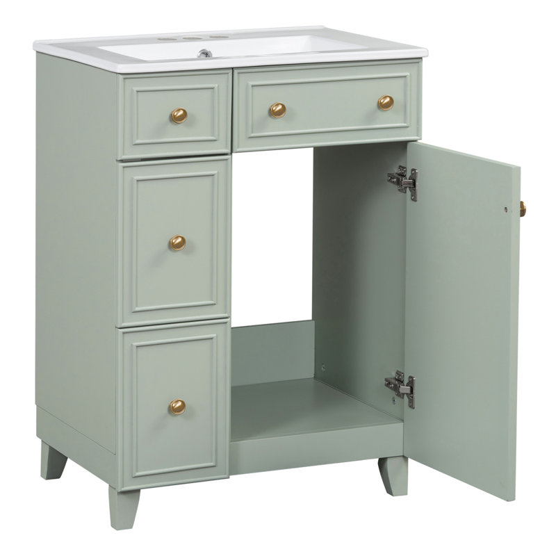 Armoire de salle de bain avec lavabo en céramique, 2 tiroirs, 2 portes, Vert