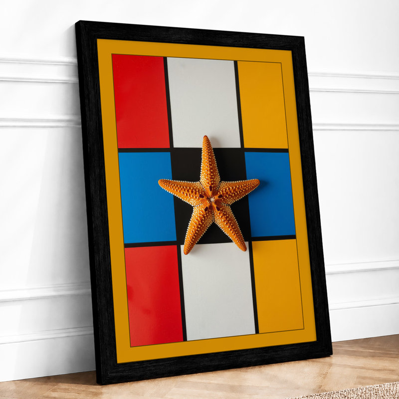 Starfish on Grid Geometric - Framed Print, Black, A4 - 29.7 x 21.0 cm