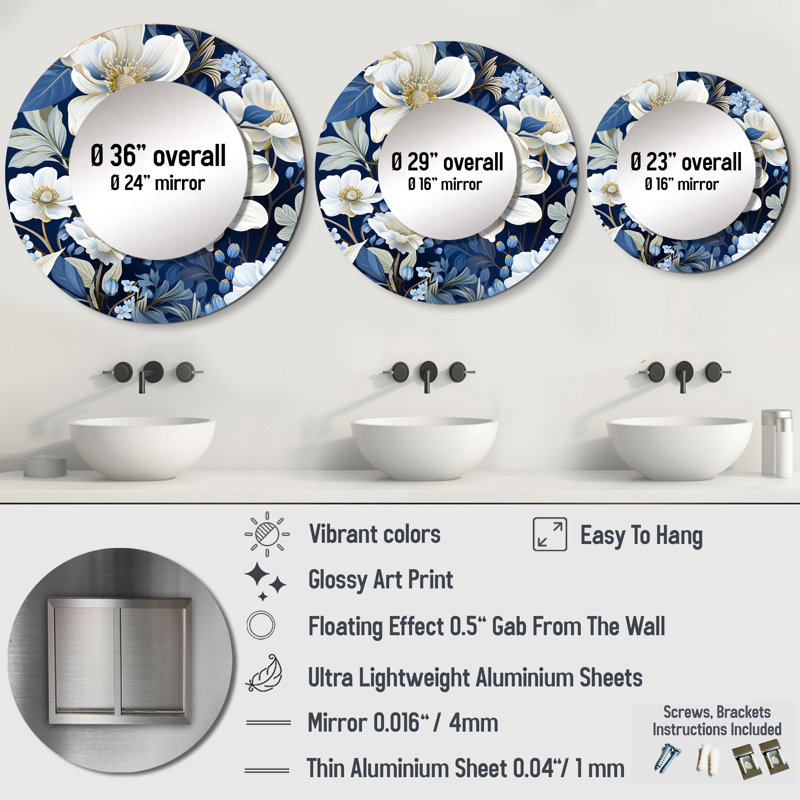 Rubena Icy Blue Snowy White Flowers Scenery - miroir mural floral, miroir décoratif rond bleu, impression d'art en métal