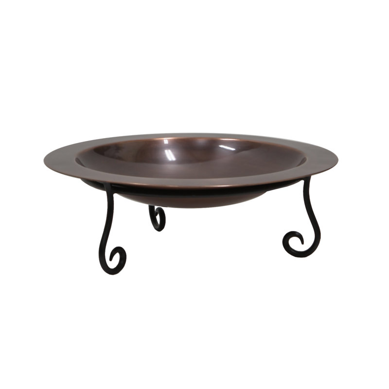 18" Antique Copper Birdbath with Wrought Iron Stand