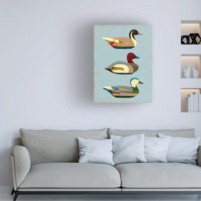 Wrapped Canvas Wall Art - June Erica Vess  'Decoy Ducks I' Wall Art for Living Room, Bedroom, or Office Décor  - 24x32
