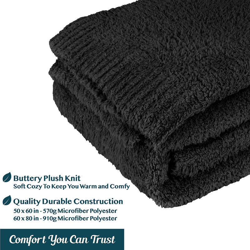 Black Reversible Fleece Knit Throw Blanket, 50x60 Inches