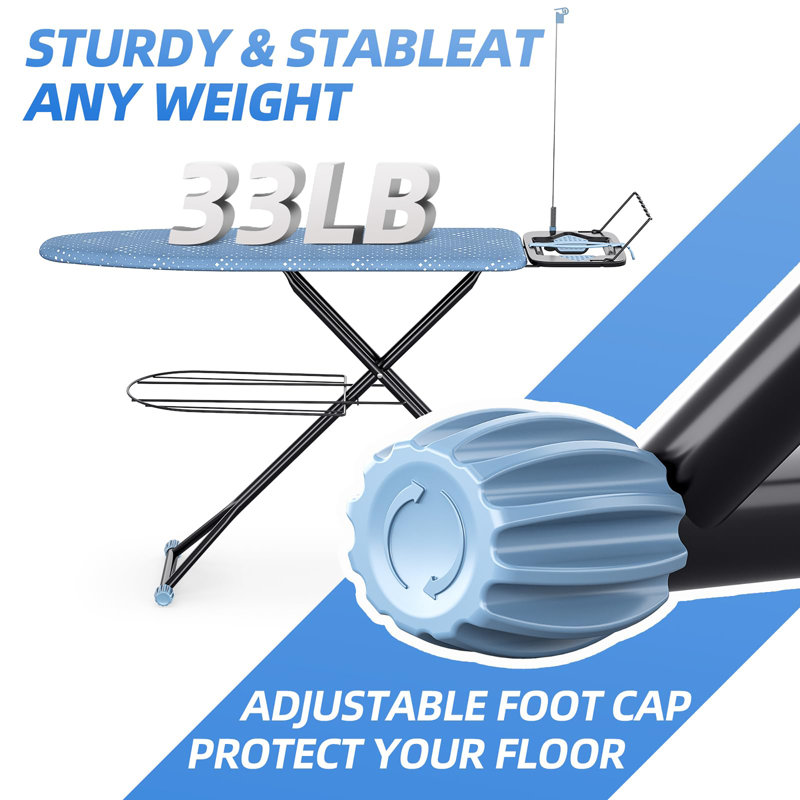 Full Size Compact Ironing Board with Extra Thick Cover, 7 Adjustable Height Stands with Hanger and Ironing Board, Large Heavy Duty Ironing Board with Storage Tray