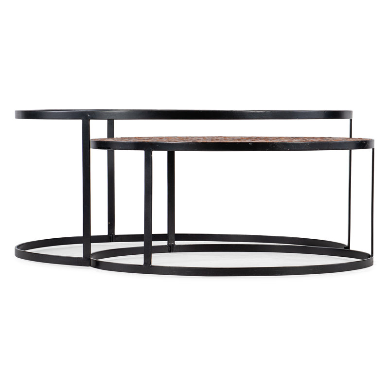 Beige and Black Round Wood and Metal Nesting Coffee Table Set