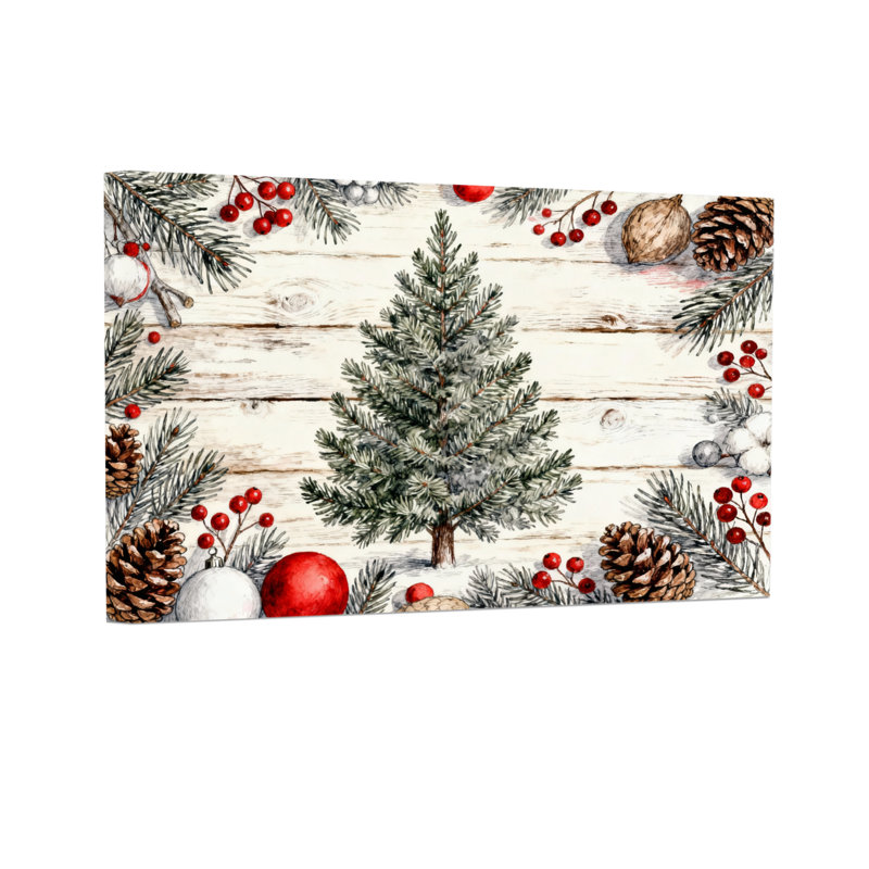 Arbre de Noël, pommes de pin, baies et ornements sur fond de bois, H 12 po x l 18 po