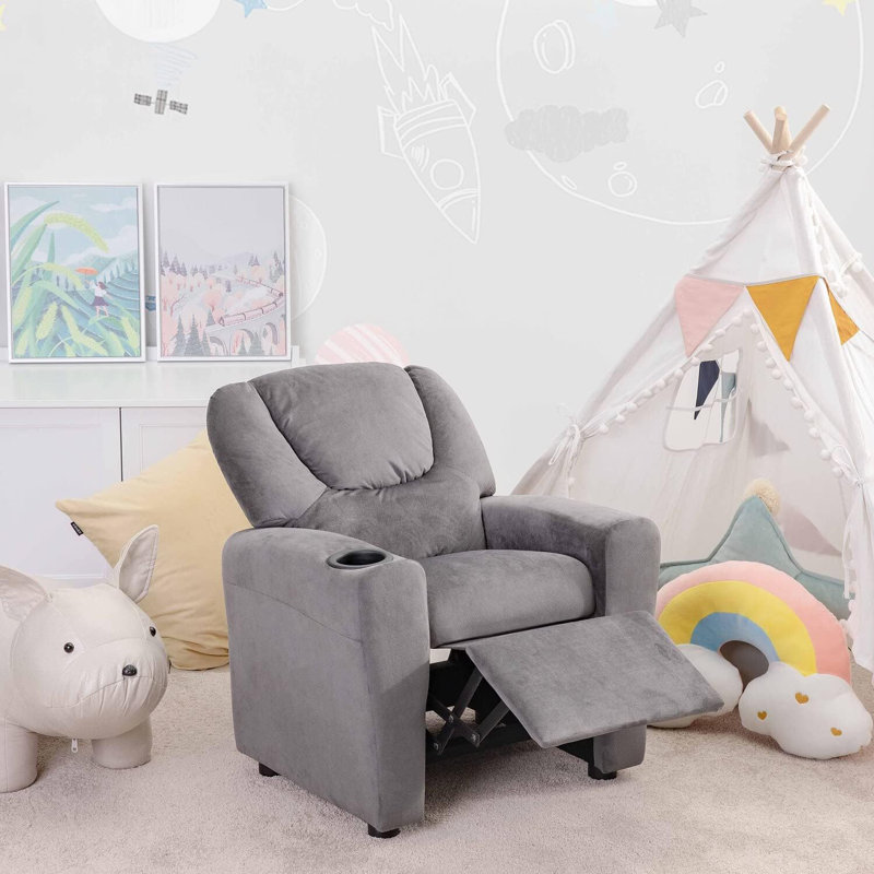 Roomy Toddler Recliner Chair with Cup Holder & Adjustable Footrest, Small Push-Back Kids' Reclining Seat for Ages 1–4, Nursery Armchair
