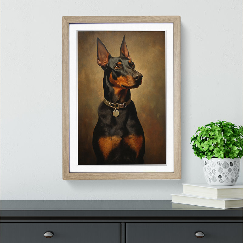 XYZ-FRM-V1223-521 Doberman Classicism - Single Picture Frame Print on Wood, Oak, 64cm H x 46cm W x 2cm D