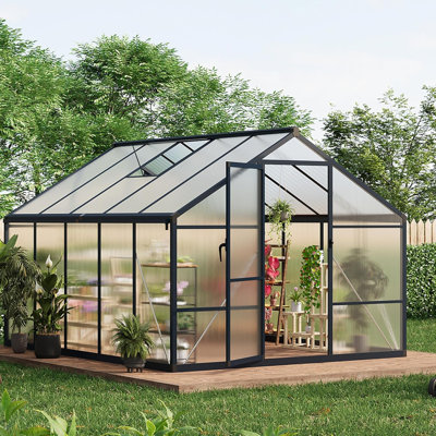 Serre en aluminium de 8 x 10 pi pour l'extérieur avec évent de toit, porte battante verrouillable à ouverture vers l'extérieur, serre en polycarbonate robuste pour jardin, cour, patio, pelouse