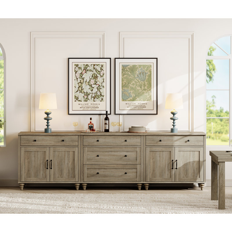Buffet Corretta à 5 tiroirs et 4 portes, style bois veiné vintage, 257 cm (101 po), gris délavé, Gris délavé
