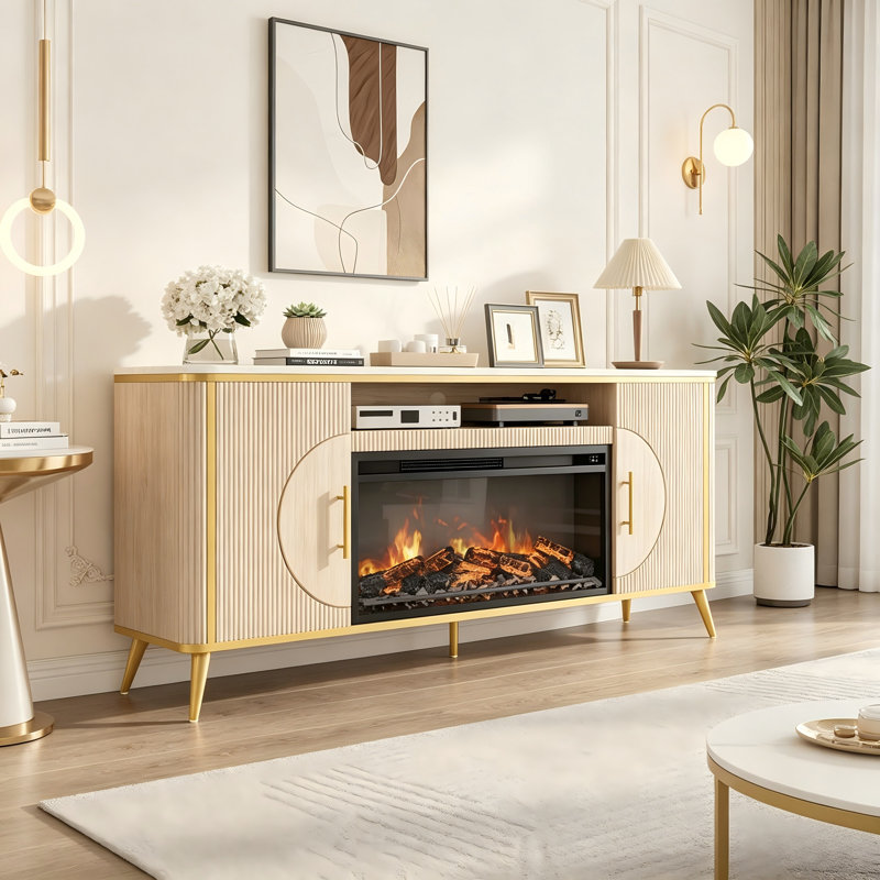 Light Luxury Style Collection 66" Fireplace With 30" Insert-nature Oak, Yellow
