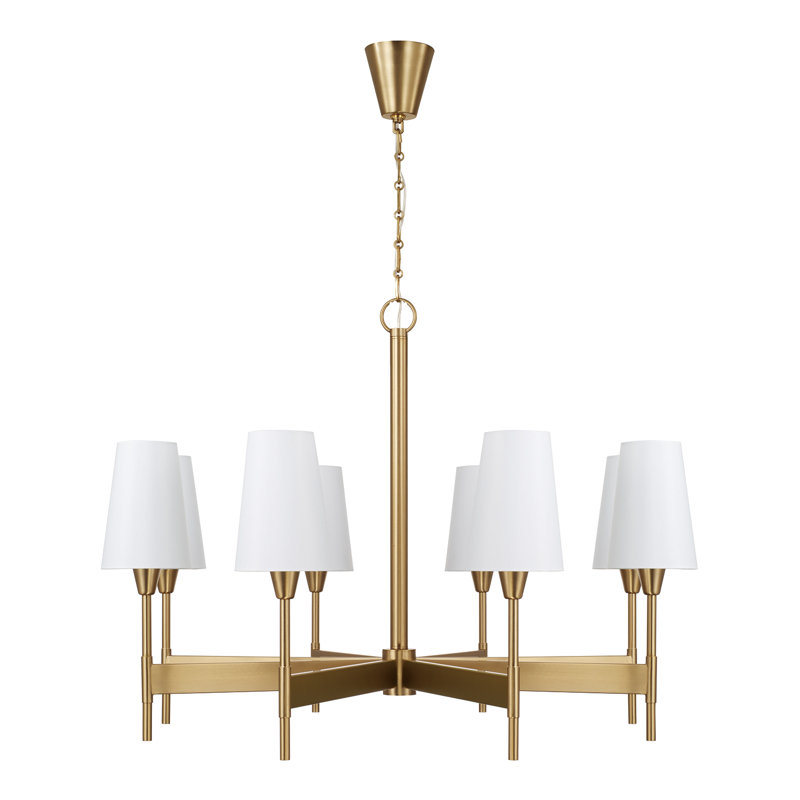 42" W x 21" H 8-Light Chandelier in Aged Brass with White Fabric Shades and Designer Canopy, 42"W x 30"H, 8