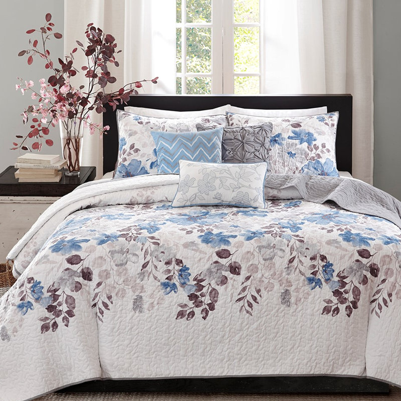 6 pièces de courtepointe imprimée - bleu double / grand, imprimé floral aquarelle, matelassage vermicelle et motif à la mode, charmant et séduisant