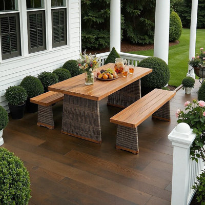 Ensemble repas d'extérieur 3 pièces en bois d'acacia avec pieds en rotin tissé
