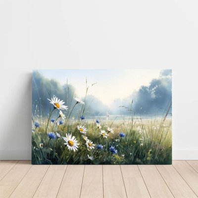 Plat en 2 dimensions, art mural sur toile encadré 1pc, prairie de fleurs sauvages, marguerites et fleurs bleues, impression sur toile de style impression sur toile, décoration murale, cadeau idéal pour chambre à coucher