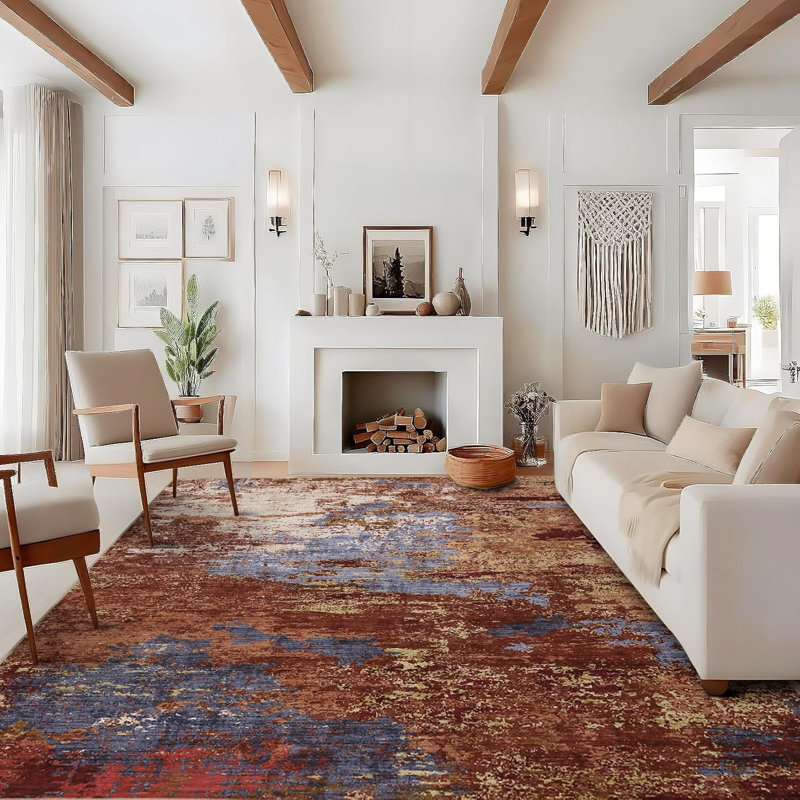 Abstract Art-Inspired Thin Indoor Rug, Distressed Oil Painting Pattern Low Pile Area Mat with Soft Surface, Easy to Clean & Stain Resistant for Living Room, Bedroom, Entryway, Study