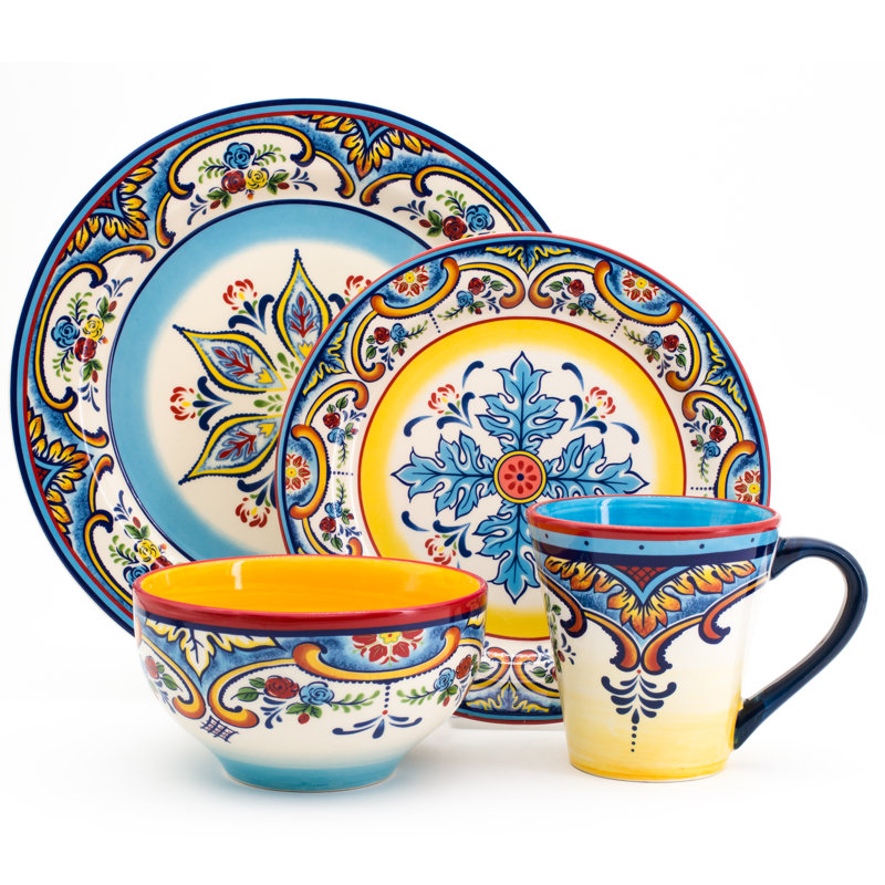 Vibrant Multicolor Ceramic Floral Dinnerware Set, Service for 4