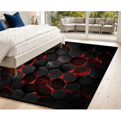 Tapis hexagonal à motif lave, design géométrique abstrait, texture rouge et noire vibrante, antidérapant, décoration intérieure futuriste pour salon, chambre, salle de jeux, couloir, bureau, pièce d'étude