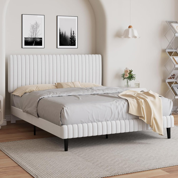 Bed Frame, Velvet Upholstered Platform Bed with Vertical Channel Tufted Headboard and Footboard, No Box Spring Required, Easy Assembly