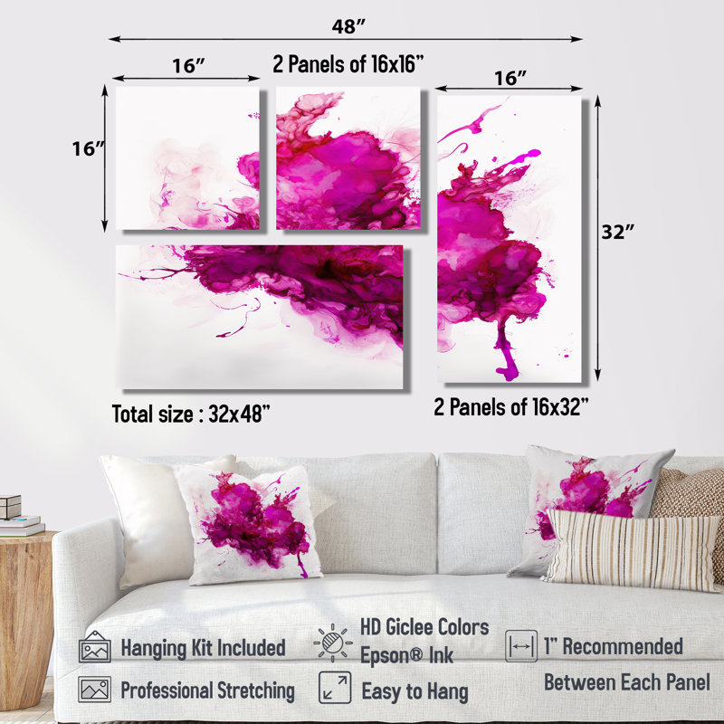 Viva Magenta Secret Wispers III - Pink, reproduction d'art sur toile 4 pièces, Impression encadrée sans passe-partout, Noir