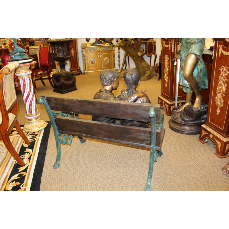 Kids Reading a Book on a Bench Bronze Statue -  Size: 23"L x 38"W x 37"H. 