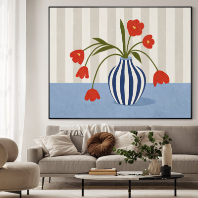 Très grand art mural imprimé sur toile - Tulipes rouges de style scandinave dans un vase rayé bleu pour la cuisine - "Assemblage requis du cadre (cadre non fini)"