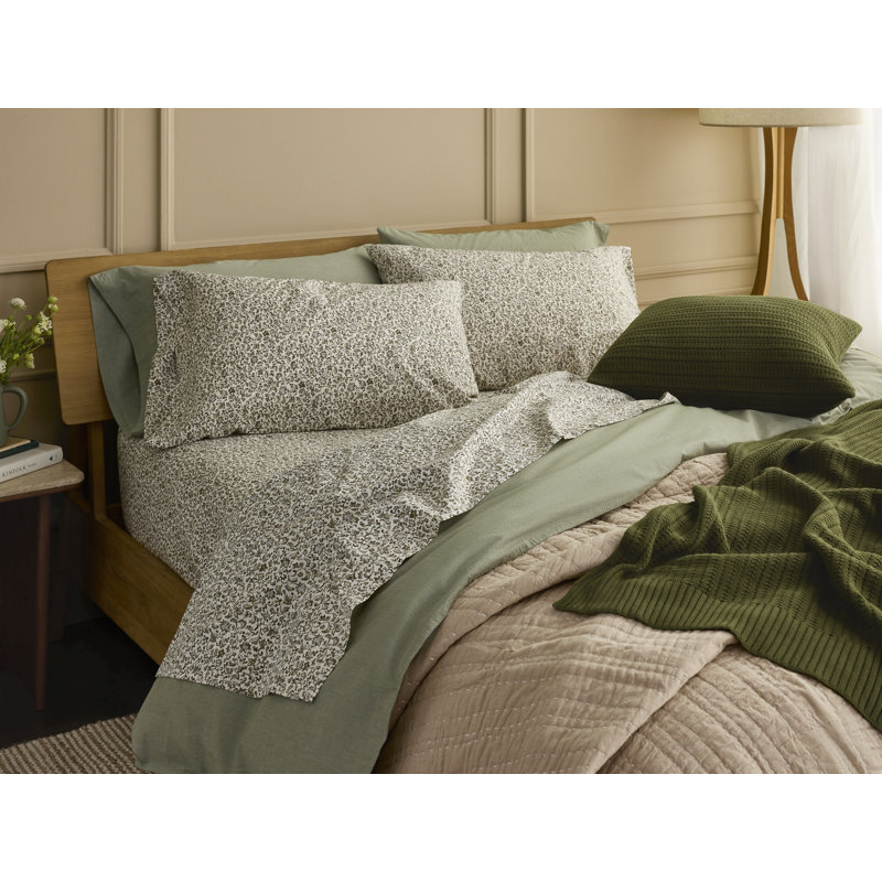 Organic Print Percale Floral Sheet Set, California King, Olive Asterid
