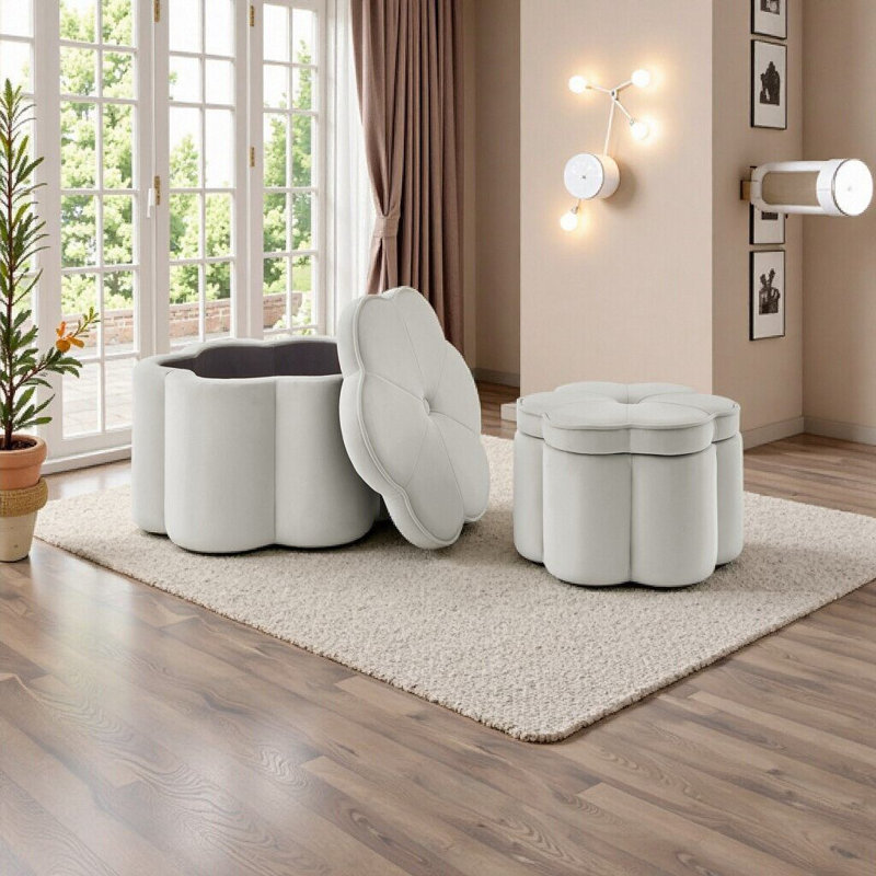 Rosuna 2-Piece Flower-Shaped Storage Ottoman Set, Velvet Upholstered, Multi-Functional Footrest & Storage Bench, Grey