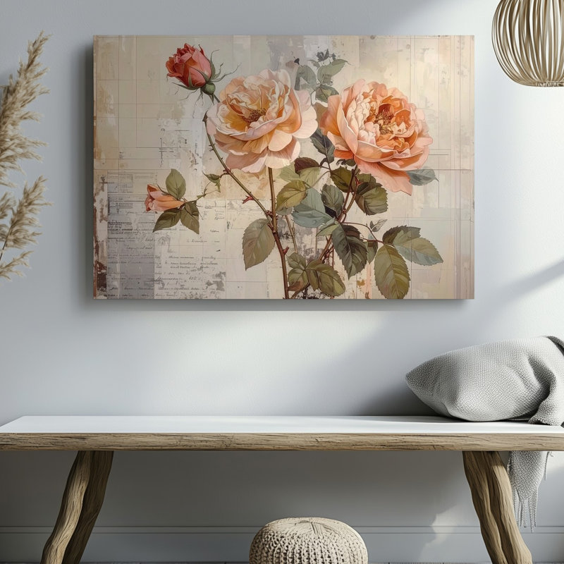 Art mural rétro rose botanique, pêche douce et rosée, art de la nature, toile prête à accrocher, H 9 po x l 12 po